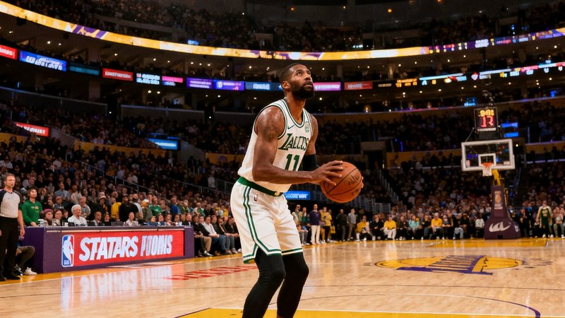 NBA常规赛洛杉矶湖人对阵凯尔特人的直播画面，斯台普斯中心球馆内座无虚席，球员正在罚球线上准备投篮。